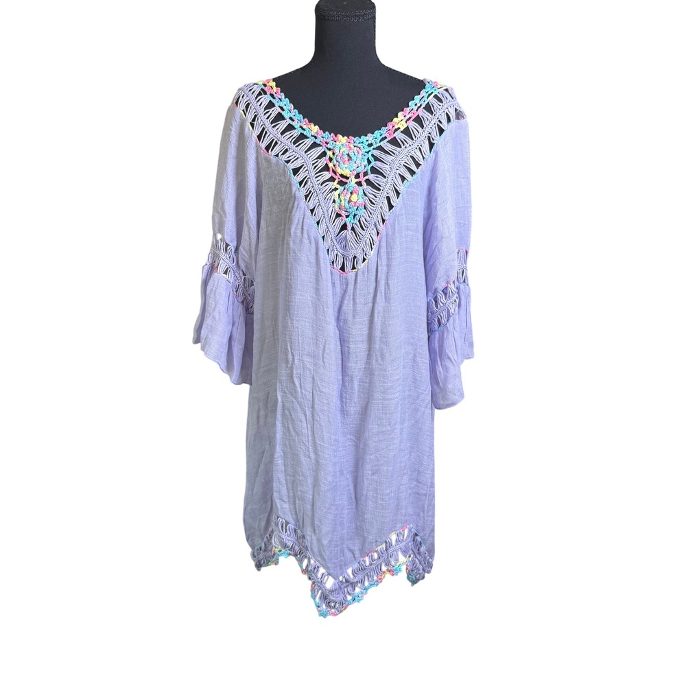 Favlux Crochet Trim Tunic Dress‎ Womens M Lavender New Boho Open Back Tassel